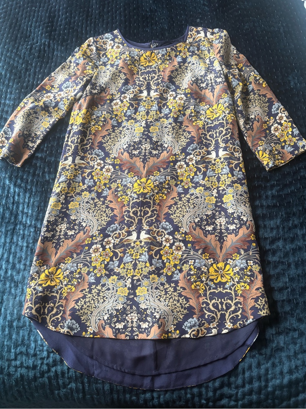 Club Monaco Navy Floral Damask Shift Dress with Yellow and Brown Accents